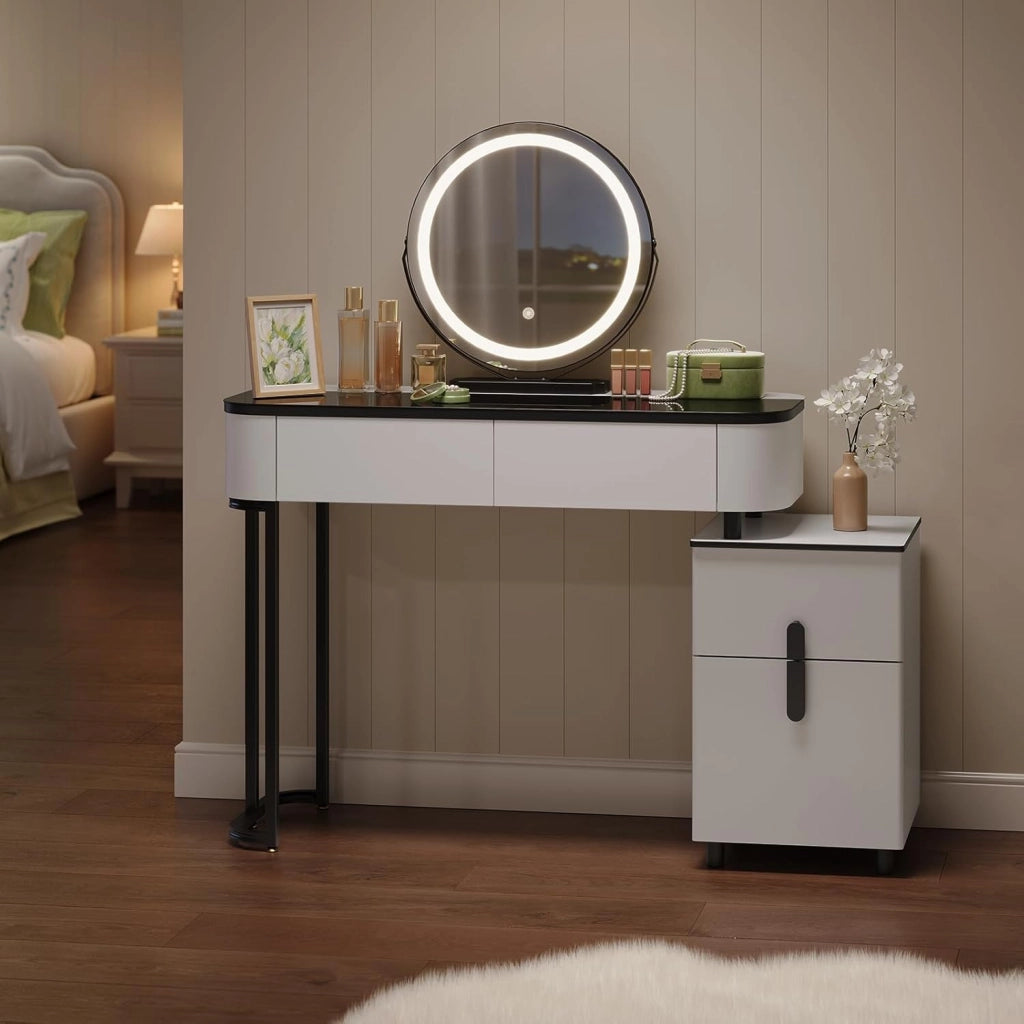 WOLTU Toeletta Trucco con Specchio LED Ø45cm, 3 Luci, 4 Cassetti, Tavolo da Trucco Moderno Bianco e Nero per Camera da Letto