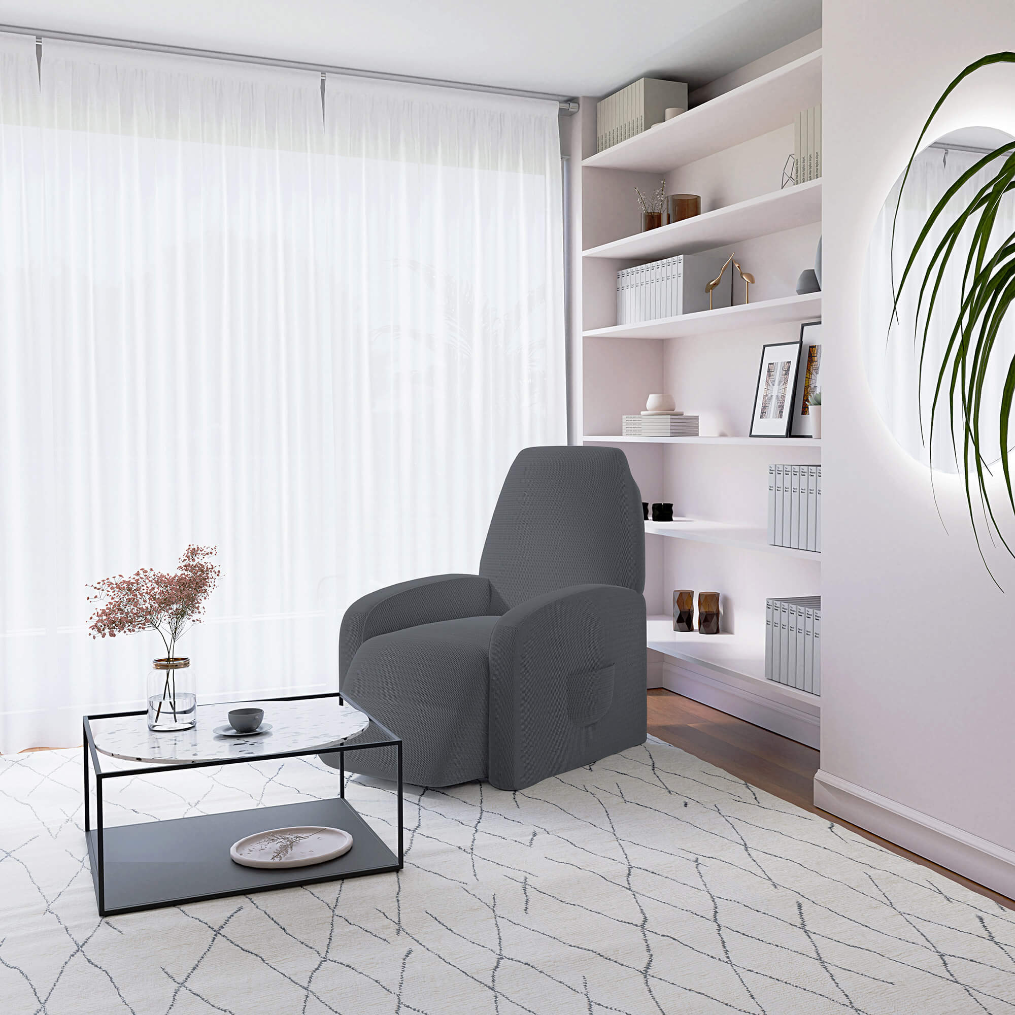 Copripoltrona Reclinabile Elasticizzato Taglia Unica con Tasca Laterale Grigio Scuro