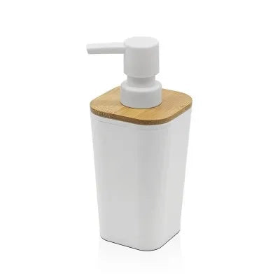 Dispenser sapone in finitura bianca opaca con dettagli in bambù