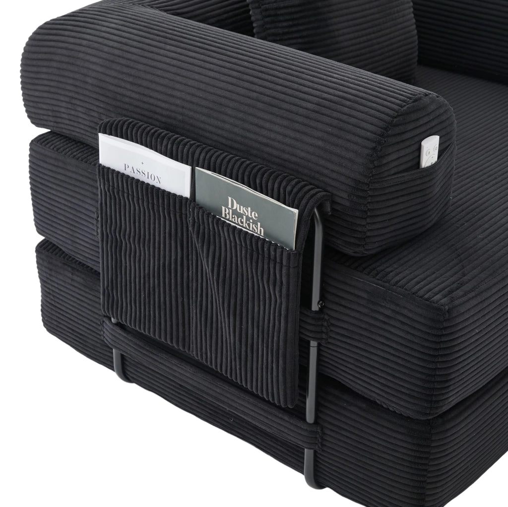 Divano modulare ULEVR 200x190 cm in velluto a coste nero con ottomana, tasca laterale e 3 cuscini
