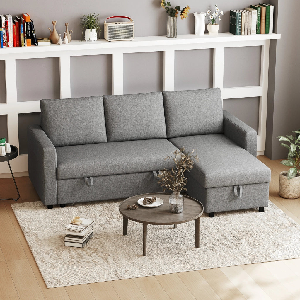 Divano letto angolare con contenitore e chaise longue ¨C Minimal ¨C Tessuto grigio chiaro 211,5x146x85 cm