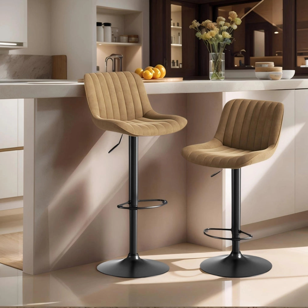 Sgabello da Bar Girevole con Altezza Regolabile e Schienale Ergonomico, in Velluto Marrone 87–109 cm