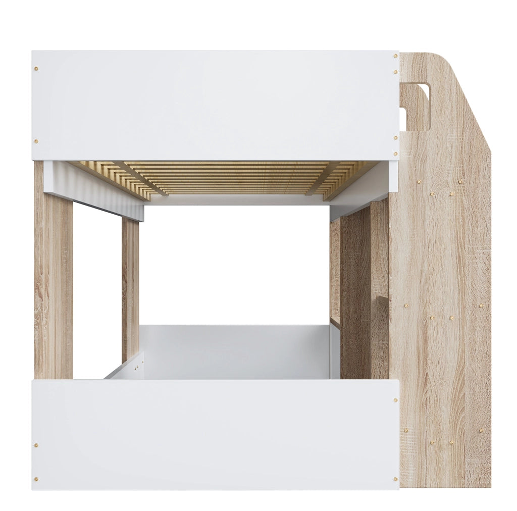 Letto a soppalco 90x200 cm con scala e contenitore in legno bianco e colore naturale