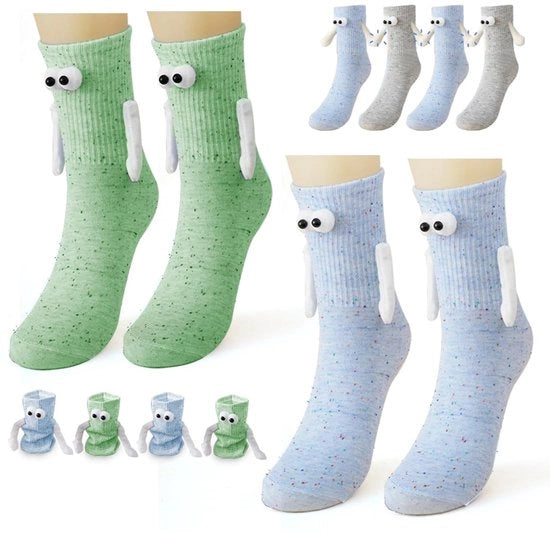 Due Paia di Calze Magnetizzate con Mani che si Tendono, Nuova Amicizia in Pugno, Occhi Grandi Calze Magnetiche - Verde e Blu