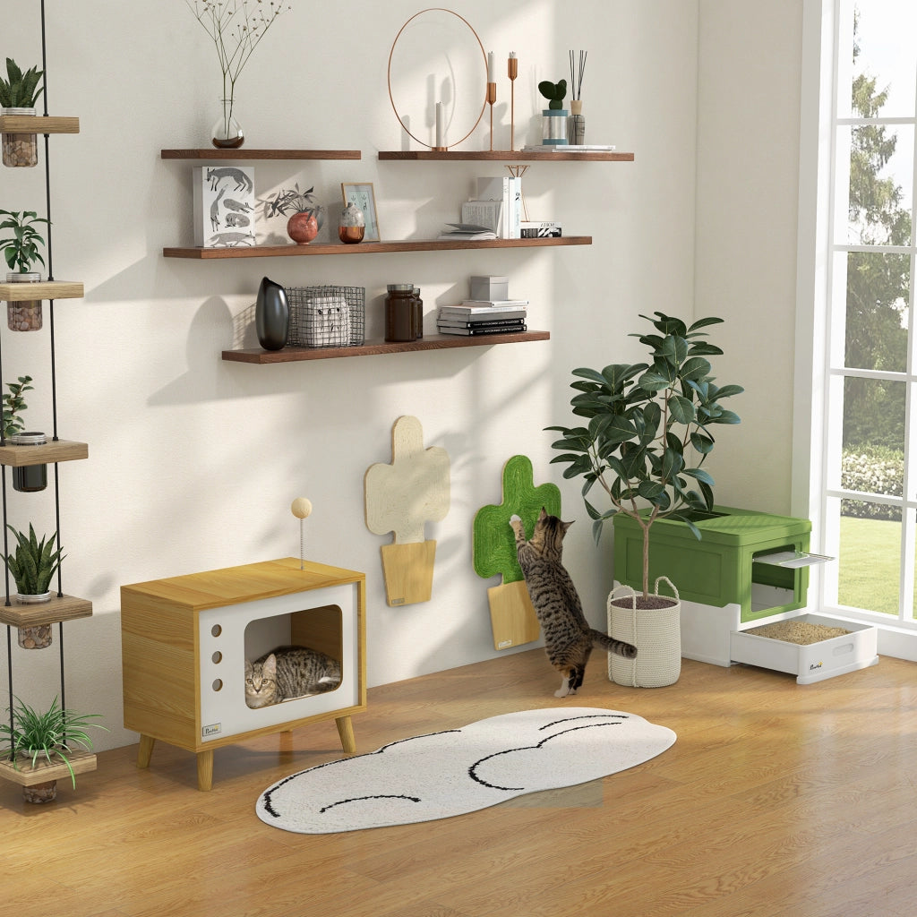Cuccia per gatti a forma di televisore, con palla giocattolo e cuscino inclusi, cestino per gatti, rovere/beige/bianco, 50x28x43 cm