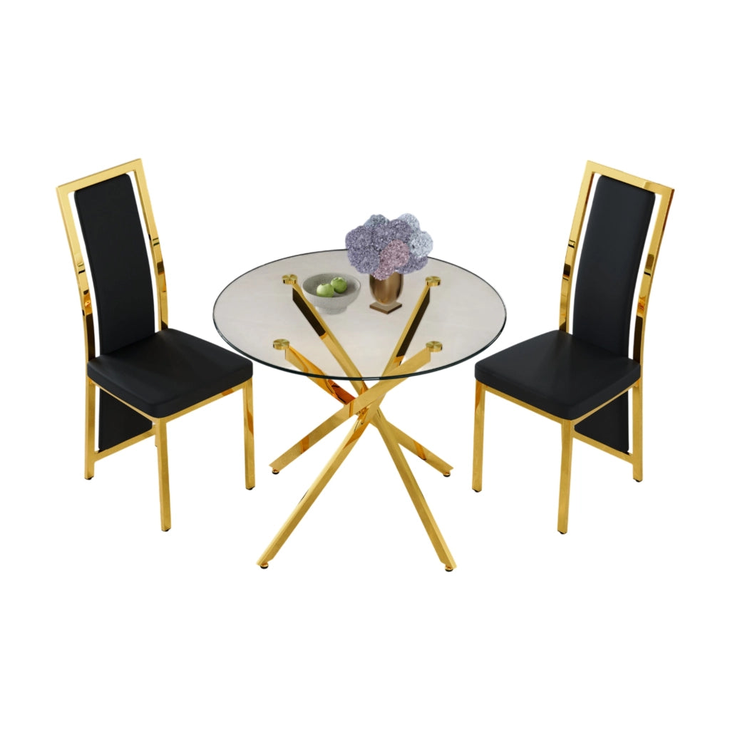 Set tavolo da pranzo e sedie con 1 tavolo rotondo e 2 sedie in vetro temperato; PU e metallo nero e oro