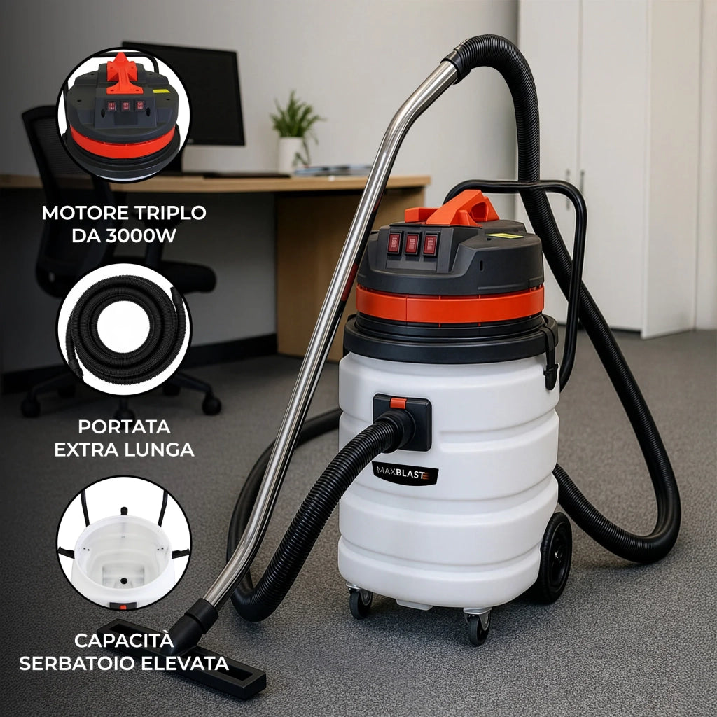 Aspirapolvere industriale 90L secco/umido con tubo 5 m e accessori