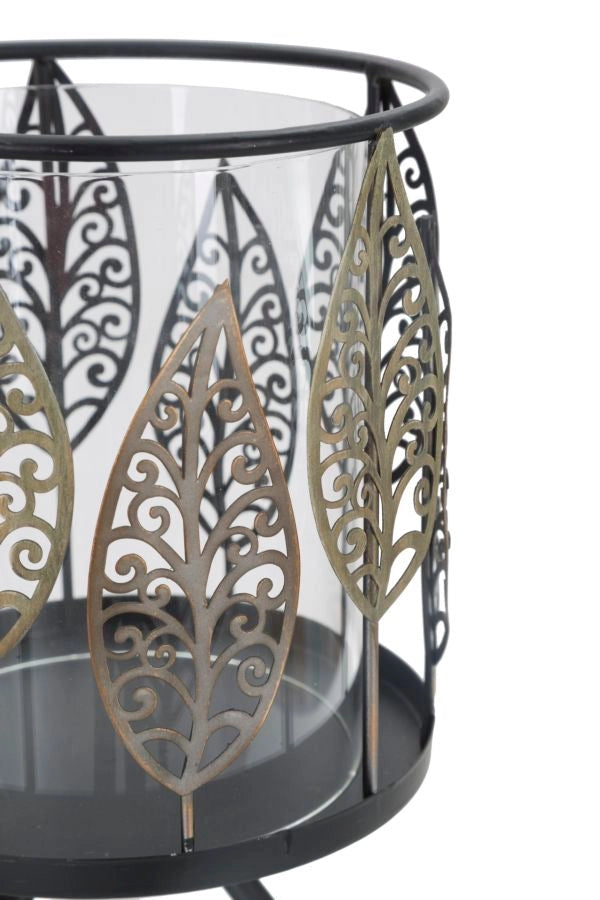 Portacandele Foglie Iron Ø15x24 cm in Ferro e Vetro Nero e Grigio