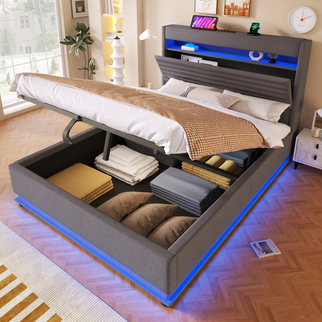Letto Contenitore Letto Matrimoniale 140x200 cm con USB; Type-C; LED; in Lino Grigio
