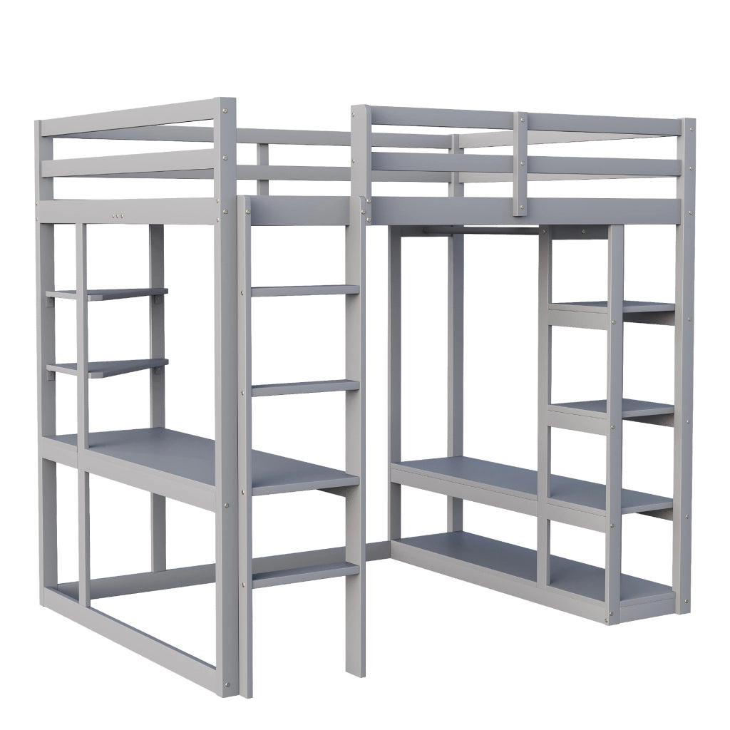 OKWISH Letto a Soppalco 140×200 cm, Letto Matrimoniale con Scrivania, Mensole e Appendiabiti con Aste, senza Materasso, in Legno, Grigio