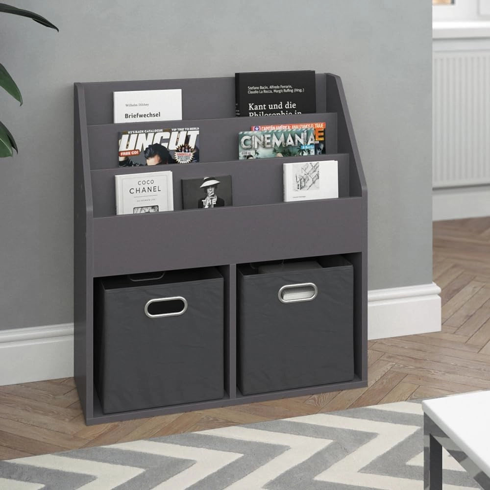 Libreria bambini Luigi, Grigio, 72 x 79 cm con 2 scatole pieghevoli opt.1, combinabile per riporre libri e giocattoli