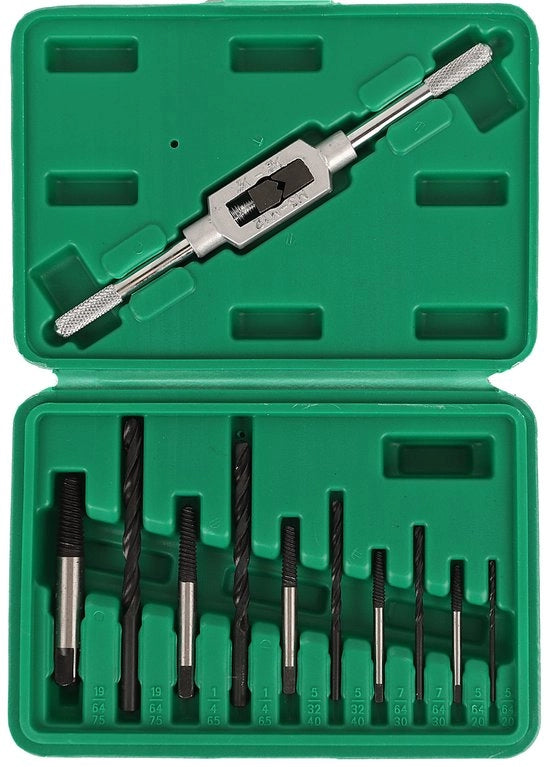 Set di rimozione di viti rotte a 11 pezzi, comprensivo di trapano, rimuovitore di viti rotte, chiave a morsa e chiave inglese.