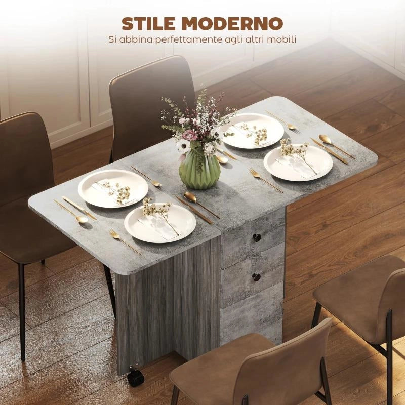 TAVOLO PIEGHEVOLE CON 2 CASSETTI E ARMADIETTO, 6 ROTELLE E FRENI, 120X60X76.5 CM, GRIGIO LEGNO E ROCCIA