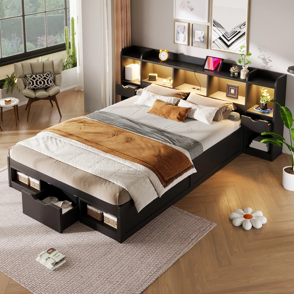 Letto platform 140 x 200 cm con 3 cassetti; vani portaoggetti; LED e USB; nero