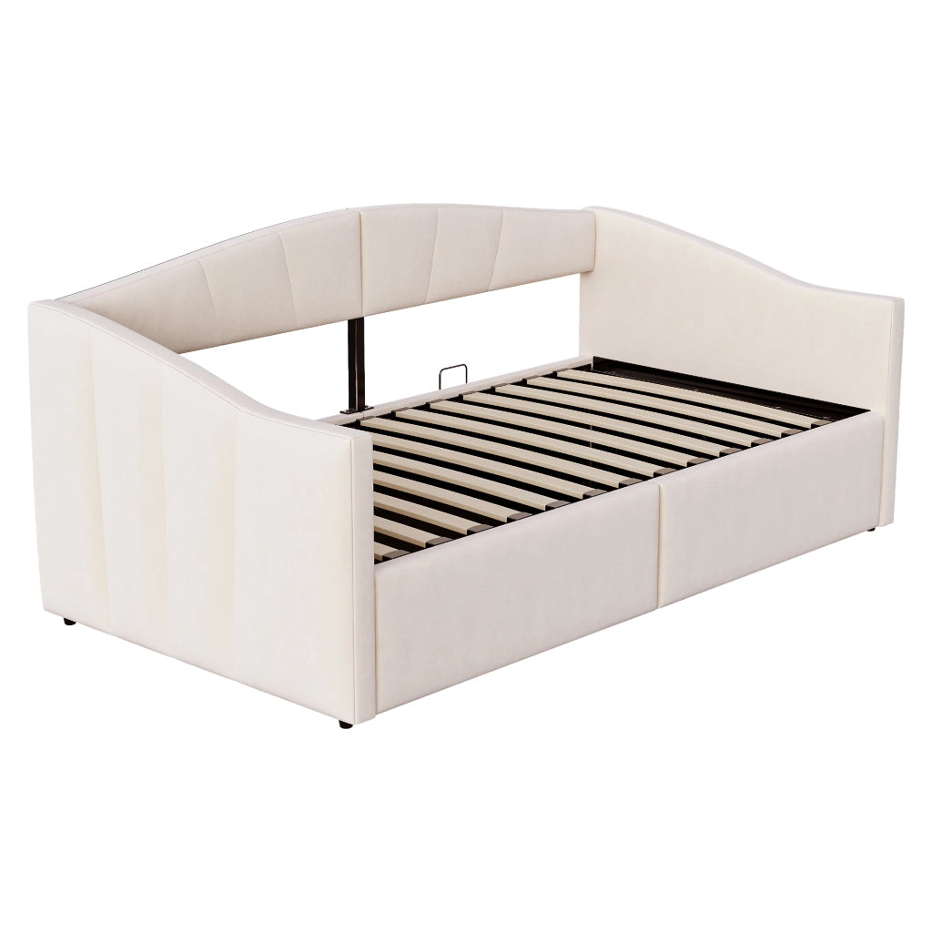 OKWISH Letto Banquette Singolo con Contenitore, con Sollevamento Idraulico, Schienale e Braccioli, 200×90 cm, senza Materasso, in Velluto, Beige