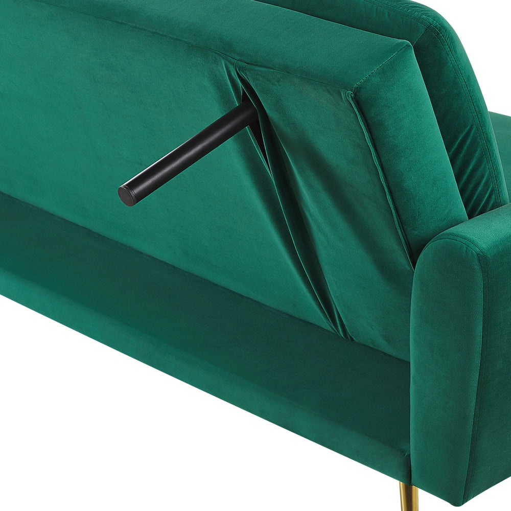 Divano Letto in Velluto Verde Scuro 3 Posti Click Clack Gambe In Metallo Dorato