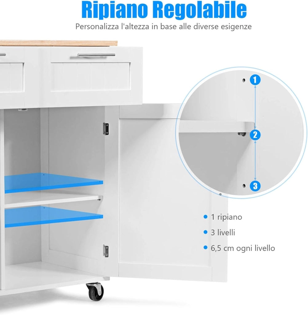 Carrello da Cucina, Isola da Cucina con Cassetti Portaoggetti e Armadietti, Ruote Universali e Portasciugamani, Ideale per Casa Ristorante Bar (Bianco)