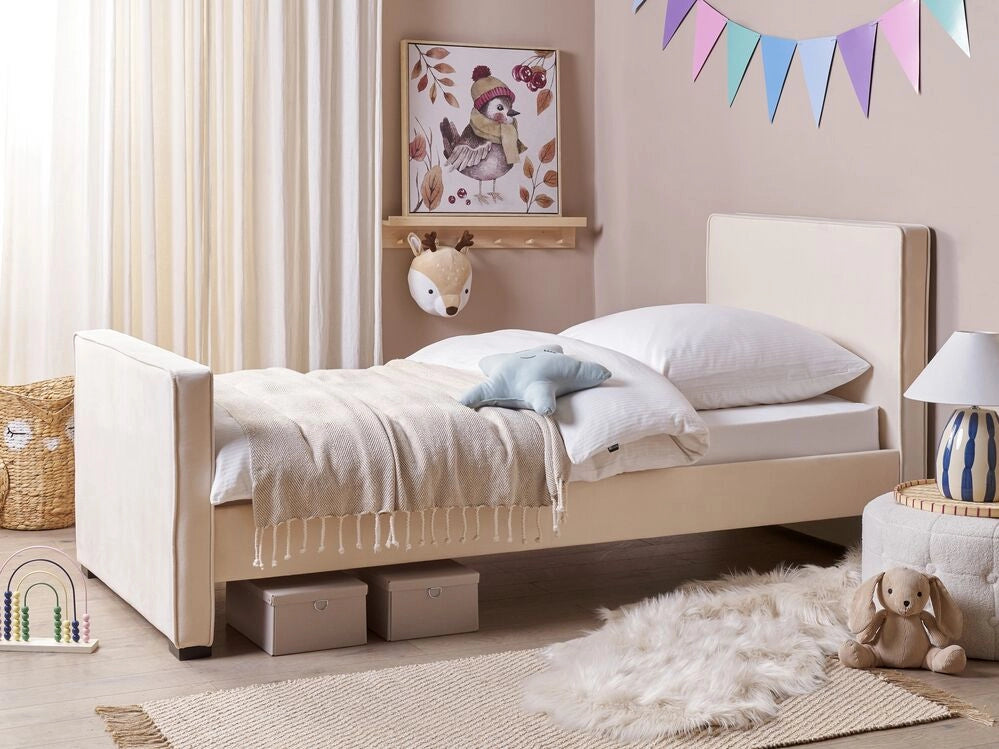 Letto singolo in velluto con telaio imbottito beige camera da letto stile moderno tradizionale