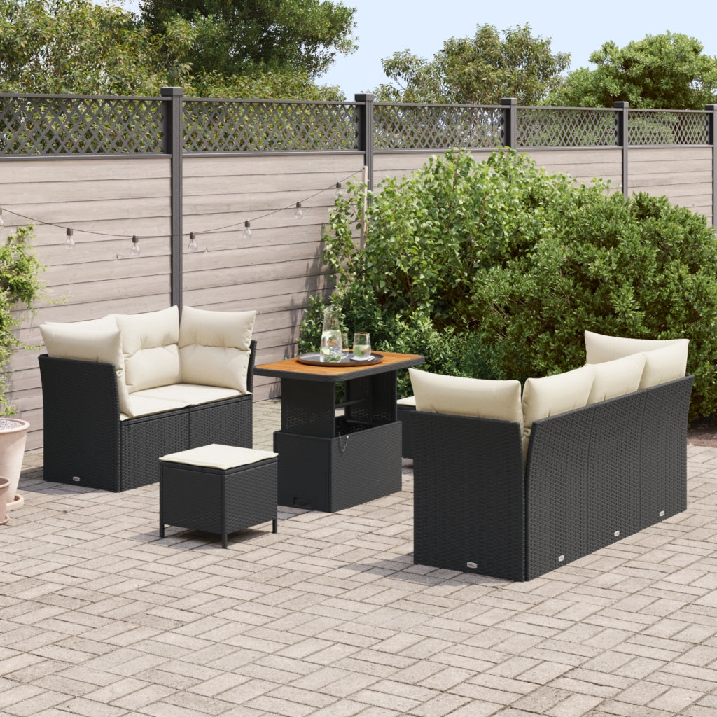 Set Divano da Giardino  8 Pezzi con Cuscini Nero Polyrattan Acacia