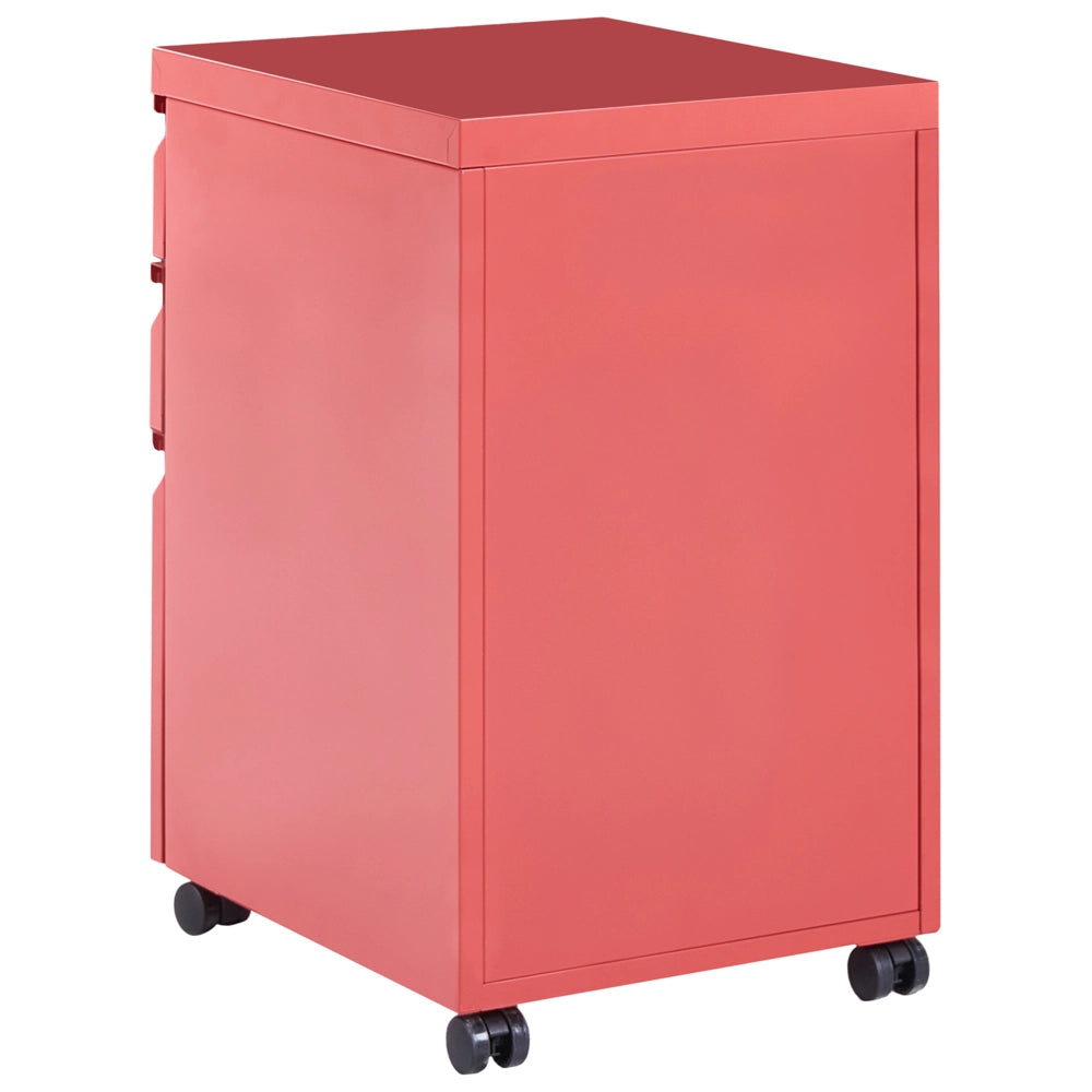 Mobile contenitore in acciaio rosso a 3 cassetti con rotelle in plastica e serratura a chiave per ufficio moderno