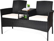Panchina da Giardino in Polyrattan, 2 Posti, con Tavolo e Cuscino, Set da Giardino in Rattan, per Balcone, Terrazza, 138x62x85cm, 3 Colori (Bianco)