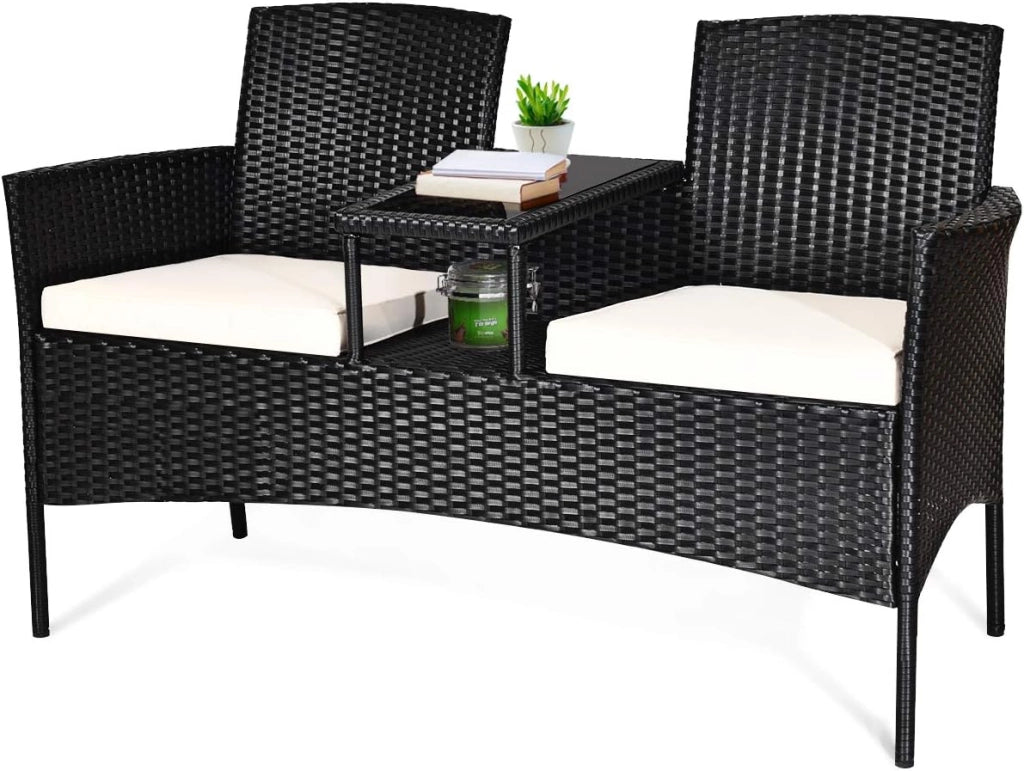 Panchina da Giardino in Polyrattan, 2 Posti, con Tavolo e Cuscino, Set da Giardino in Rattan, per Balcone, Terrazza, 138x62x85cm, 3 Colori (Bianco)