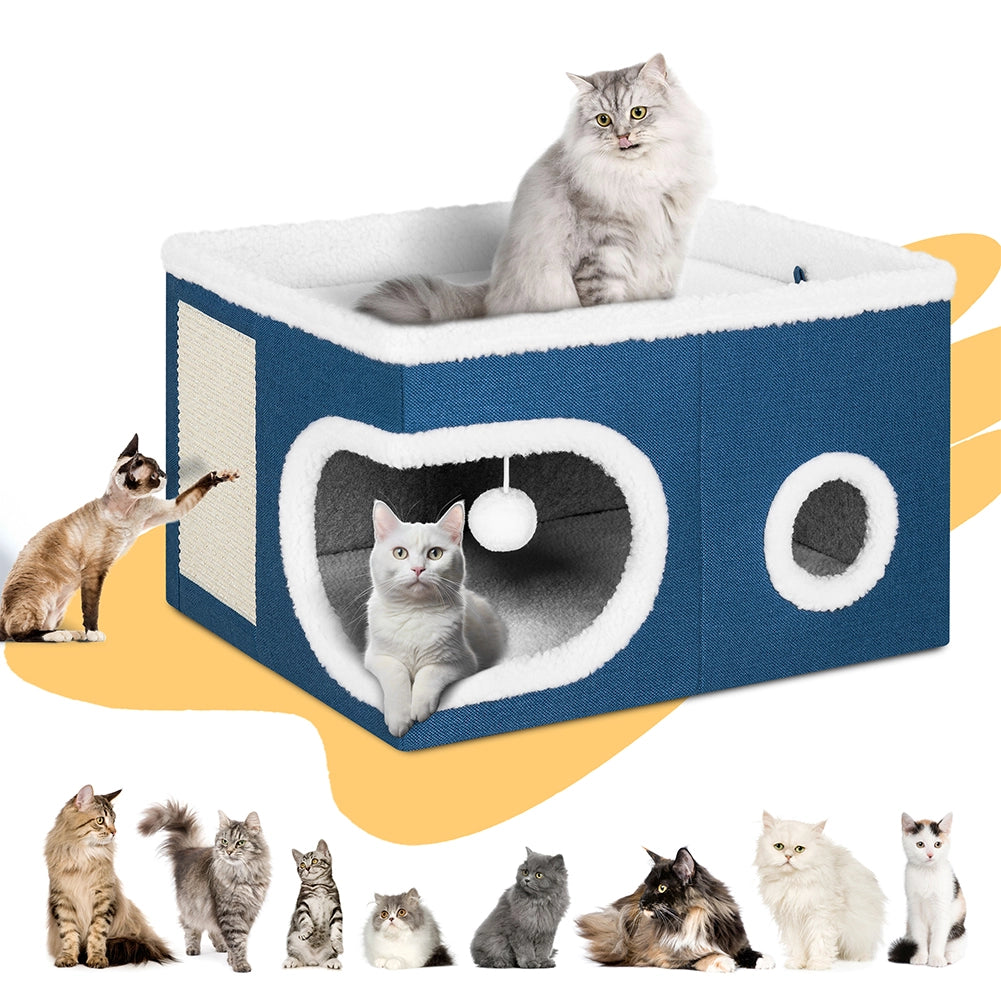 Cuccia Casa per Gatti Cubo Blu Tiragraffi Casetta Animali Domestici 58x42x33 cm