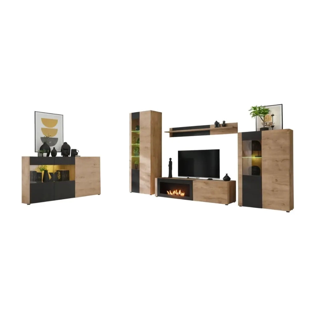 Salone completo DOUM – Buffet basso, vetrina, mobile TV con camino bio-etanolo, buffet alto e scaffale a muro – Rovere chiaro e nero