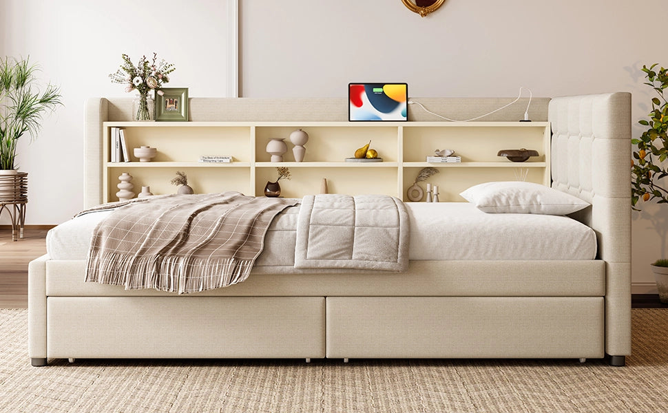 DESMIU Letto singolo 90 × 200 cm con 2 cassetti, USB, Type-C e vani, senza materasso, in lino, beige