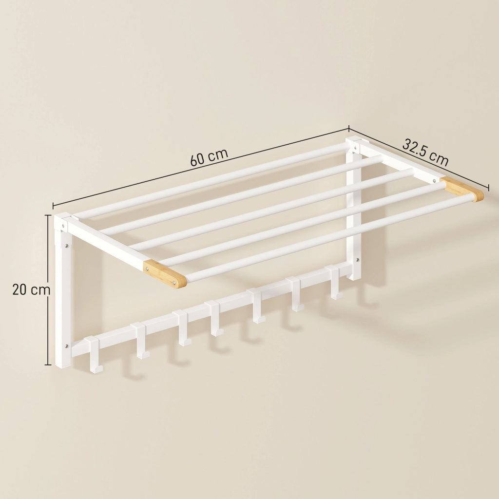 Portasciugamani a Parete Pieghevole 60x32,5x20 cm con 5 Barre e 6 Ganci in Legno e Acciaio Bianco