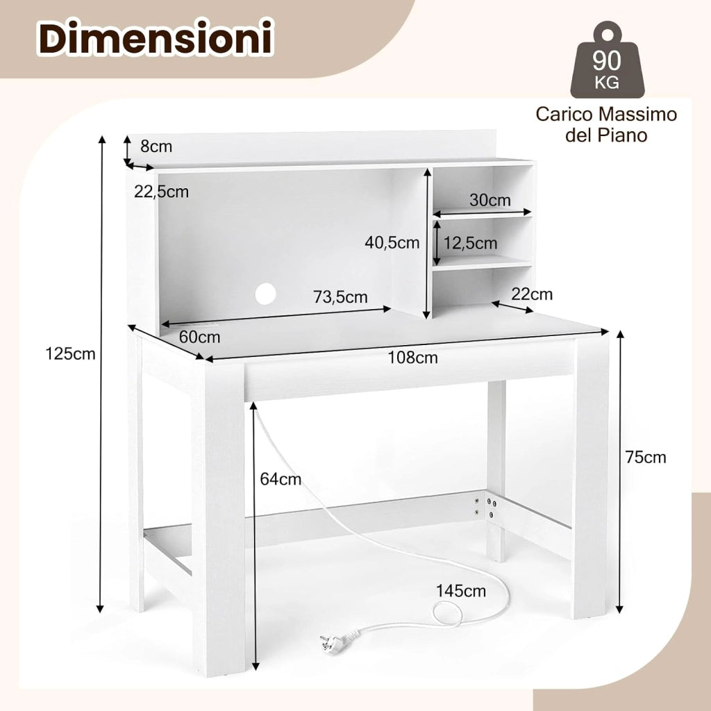 Scrivania per Computer con Libreria, Scrivania Salvaspazio in Legno con Stazione di Ricarica e Foro per Cavi, Scrittoio Moderno per Ufficio, Soggiorno e Studio, 108 x 60 x 125 cm (Bianco)