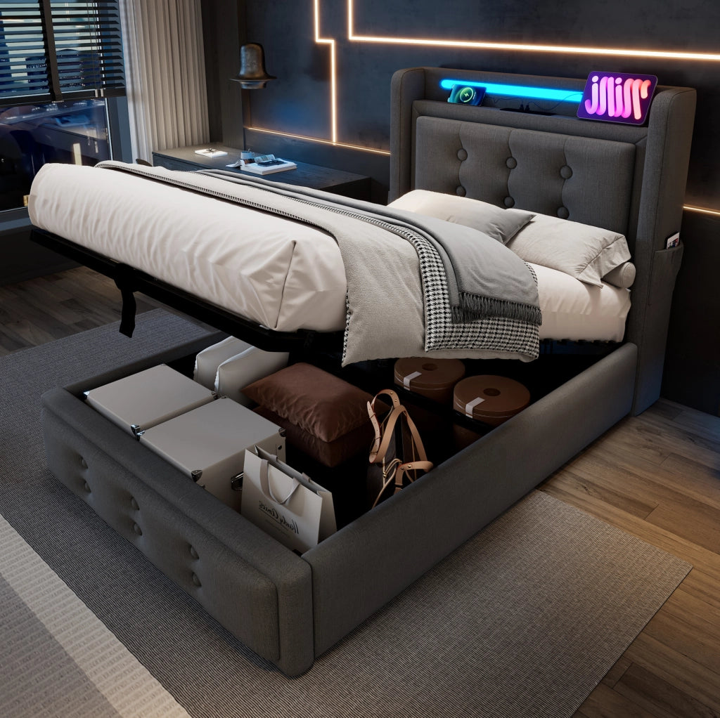 Letto imbottito 90x200 cm con LED; prese USB e Type-C; contenitore; cotone e lino; grigio