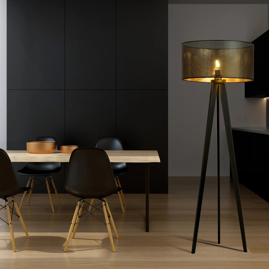 Piantana Moderno Drago Acciaio Nero Oro 1 Luce E27 Ip20