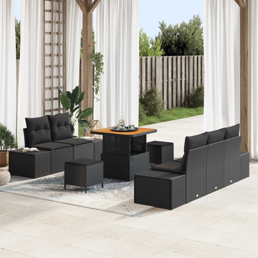 Set di 8 pezzi Divano da Giardino con Cuscini Rattan Nero Poly Acacia