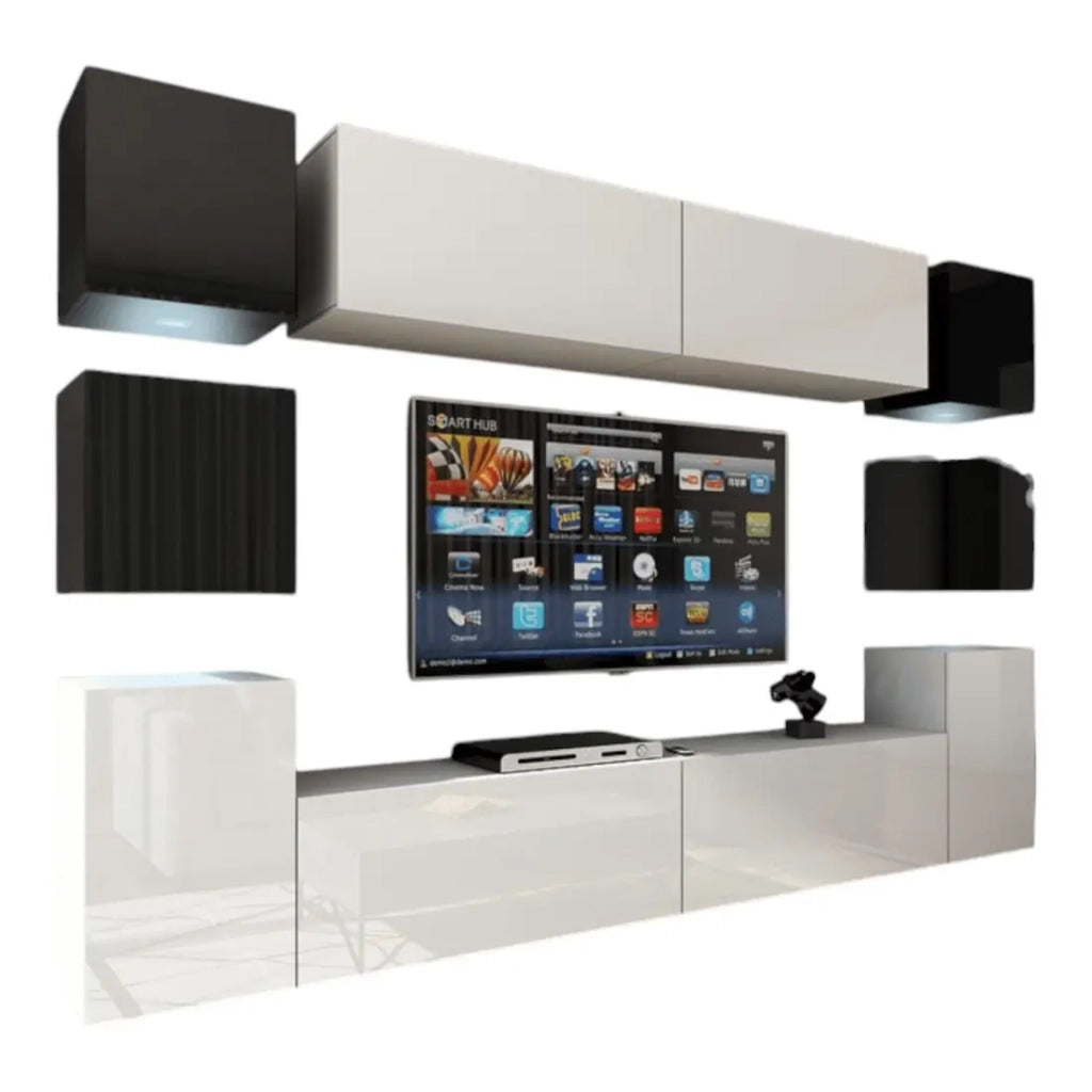 Set mobili da soggiorno bianchi e neri sospesi collezione CEPTO XIV 256 cm, 10 pezzi, LED, cubo nero
