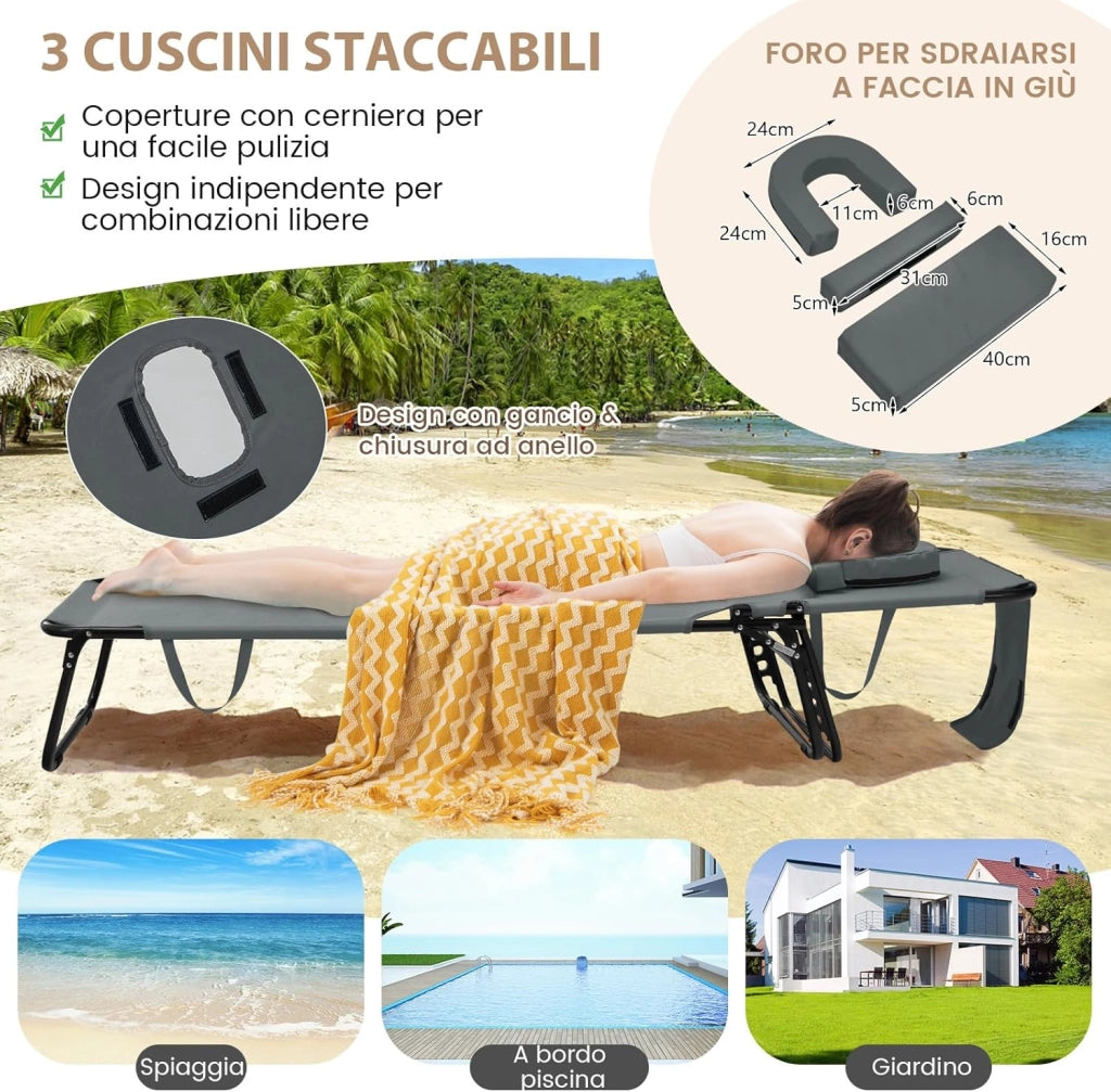 Lettino Pieghevole Spiaggia, Lettino Sdraio da Mare con Foro per il Viso e 3 Cuscini Rimovibili, Schienale Regolabile 5 Posizioni, Lettino Prendisole da Campeggio, Portata 160kg (1, Grigio)