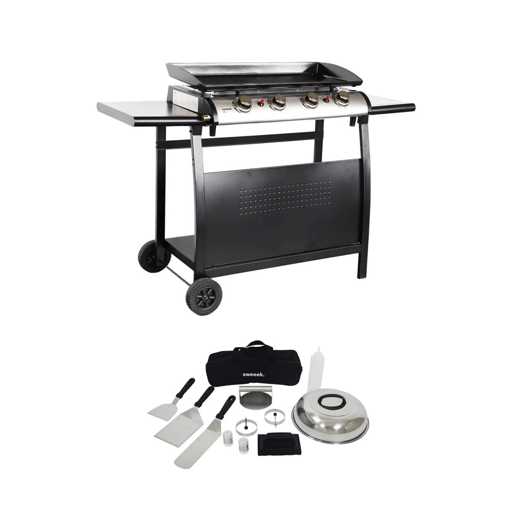 Piastra plancha a gas in acciaio inox con 4 bruciatori 10kw, carrello