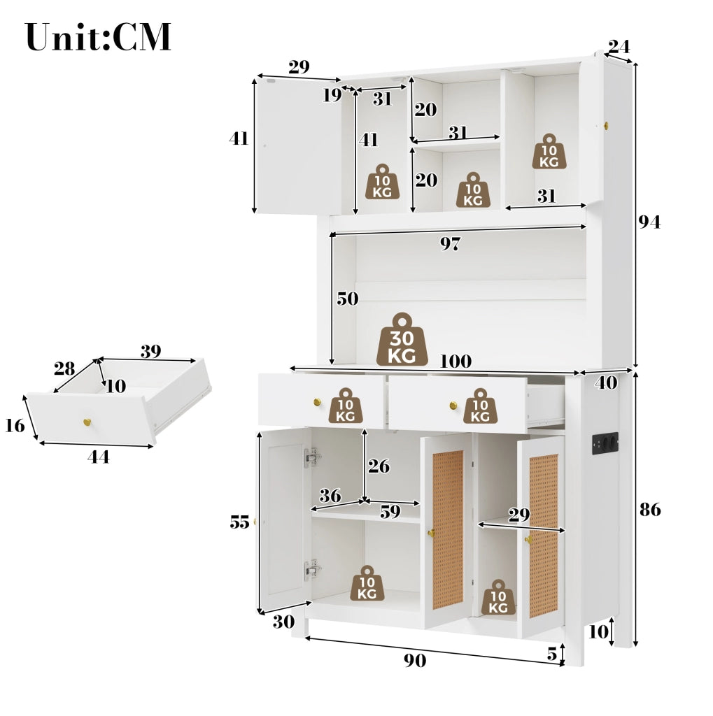 Mobile cucina alto 100x40x180 cm in MDF bianco con LED RGB; prese e cassetti