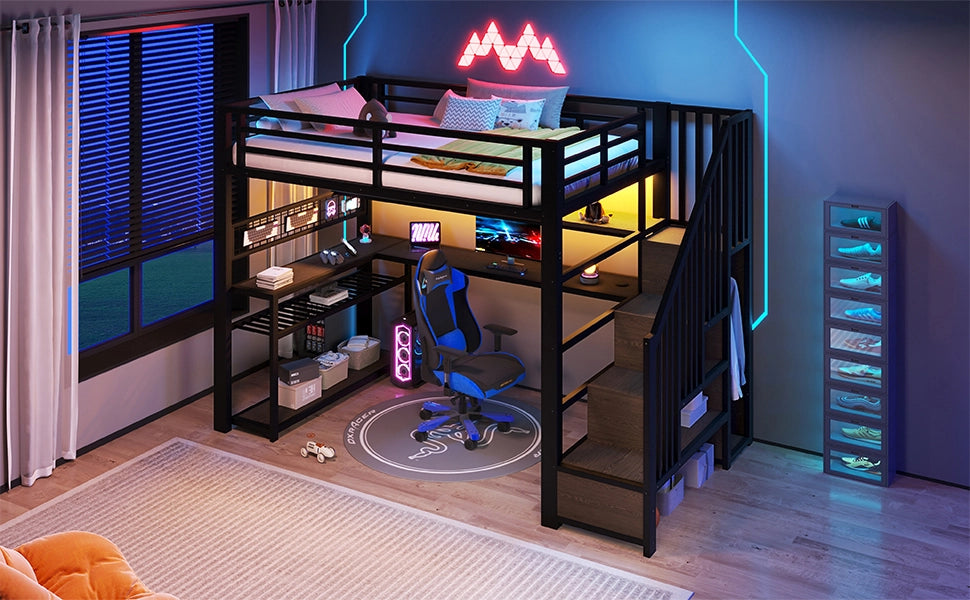 Letto a soppalco da gaming 90x200 in metallo nero con scrivania e armadio, LED integrati