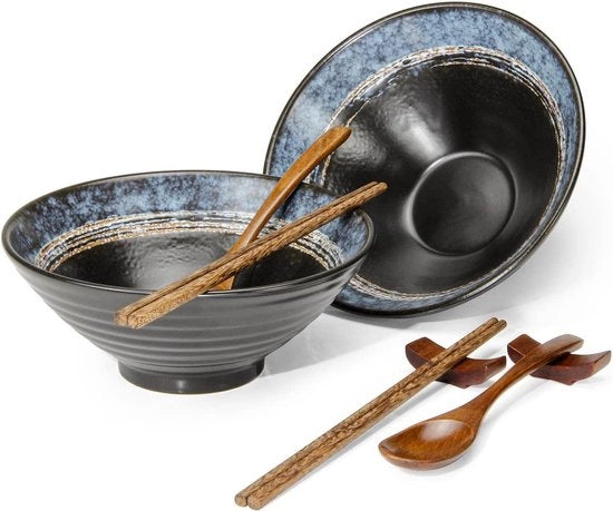 Servizio da Tavola in Ceramica, 2 x 1500 ml, Set di Servizio con Piatto, Ciotola Antiscivolo, Cucchiaio e Fork, Ideale per Pho, Pasta, Muesli e Insalata