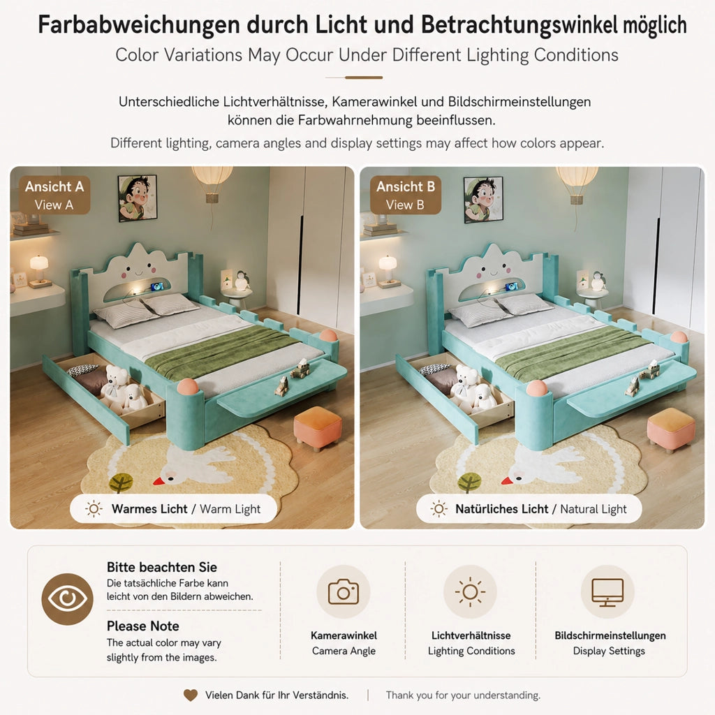 Letto per bambini 140 × 200 cm con lampada da lettura e USB, cassetto contenitore, senza materasso, velluto blu-verde