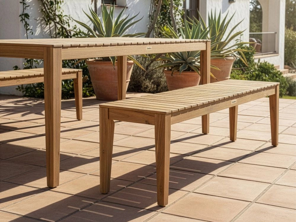 Panchina da giardino marrone chiaro in legno di acacia certificato 155 cm piano rettangolare stile rustico da esterno