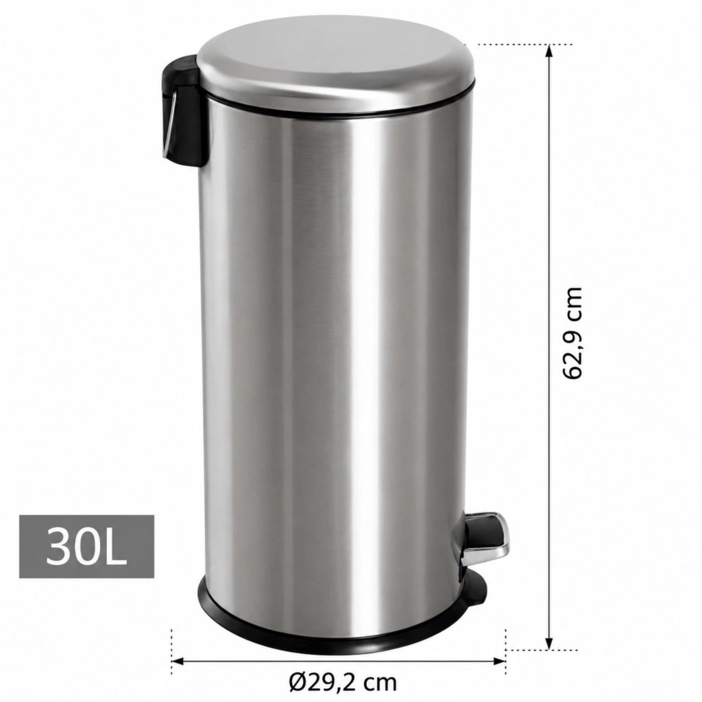 Pattumiera a pedale 30 L in acciaio inox con secchio interno e coperchio a ribalta, colore argento