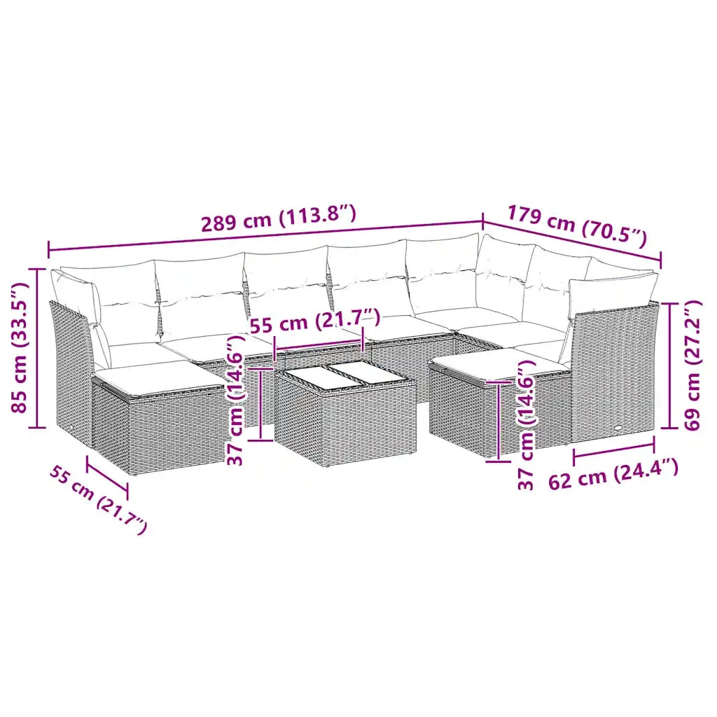 Set Divano Giardino 10 pz con Cuscini Grigio Chiaro Polyrattan