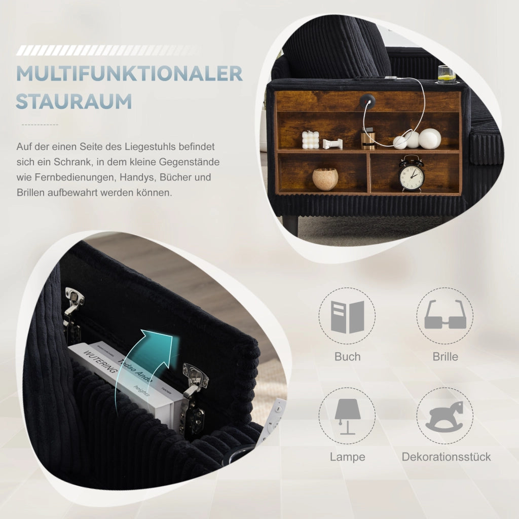 Chaise longue con portabicchieri, luci LED, tasca laterale, vano contenitore e porta USB in velluto a coste nero