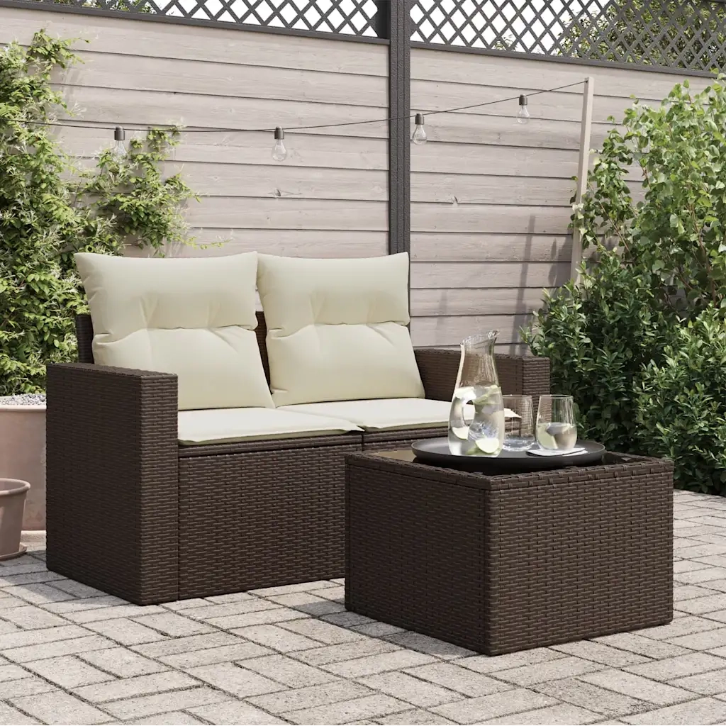 Tavolo da Giardino | Tavolino da esterno Piano Vetro Marrone 55x55x37 cm Polyrattan