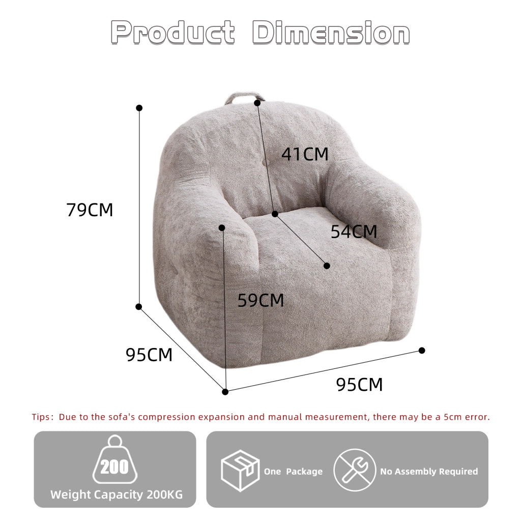 Pouf in pelliccia sintetica con braccioli e imbottitura in schiuma sminuzzata, senza montaggio, grigio chiaro