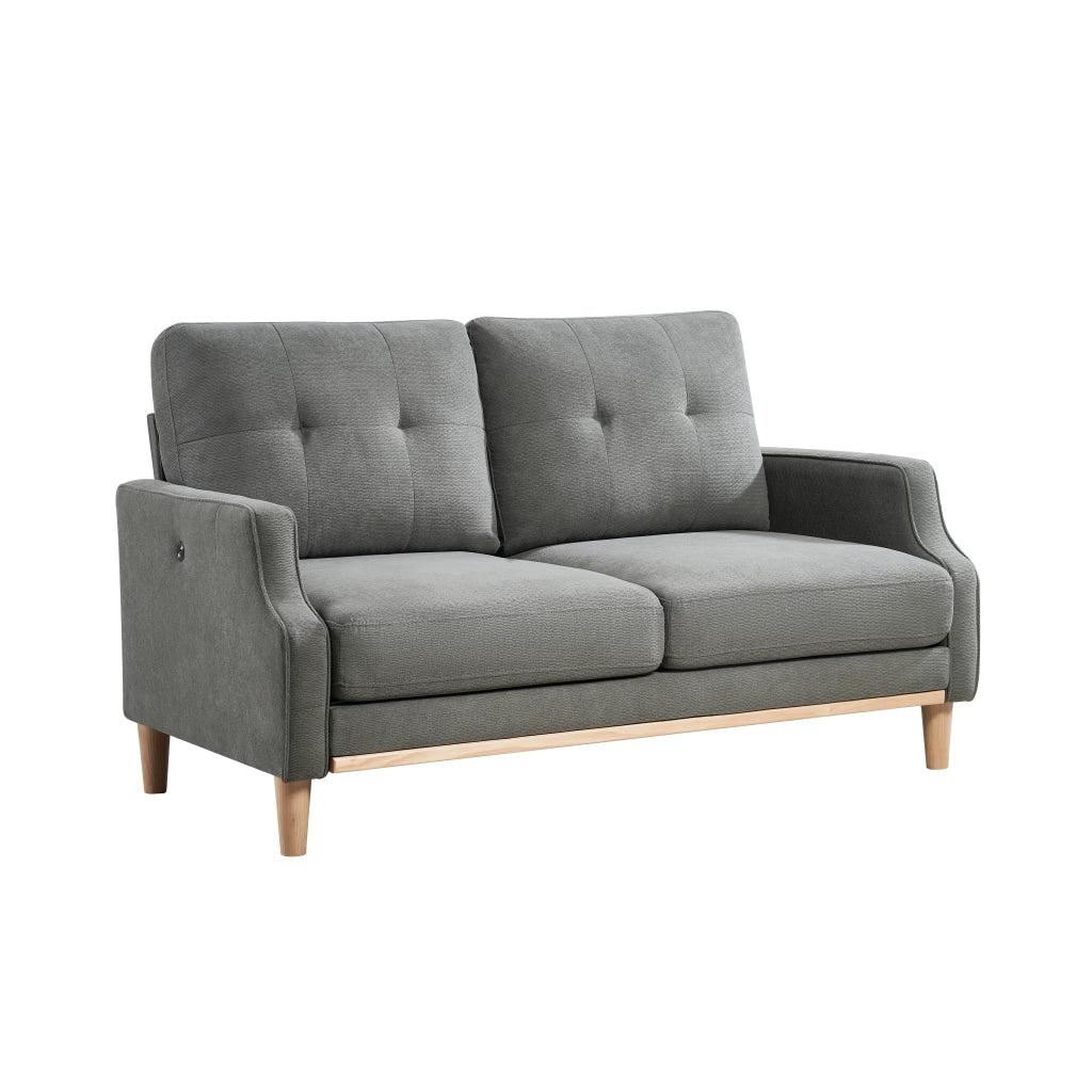 Divano a due posti con porta USB e braccioli sagomati, in tessuto e legno grigio scuro 135 × 72 × 85 cm