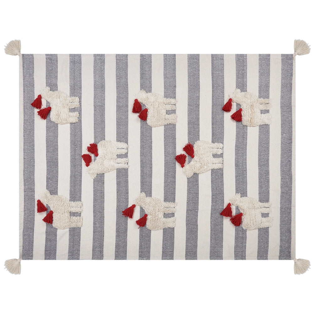 Plaid bianco e grigio in cotone copriletto a righe con cavalli 125 x 150 cm divano soggiorno camera da letto