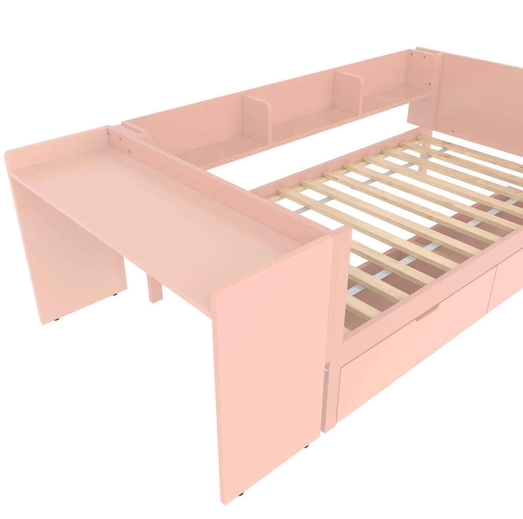 Letto 90x200 cm con scrivania; 2 cassetti e ripiani in pino e truciolare bianco/rosa